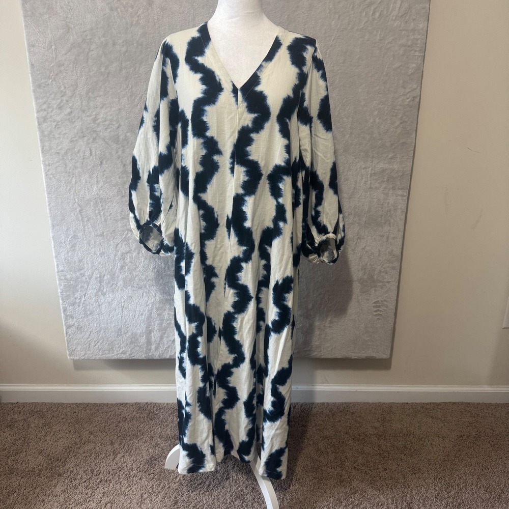 H&M Women's V Neck Flowy 3/4 Sleeve Cotton Maxi Dress L Blue White Watercolor